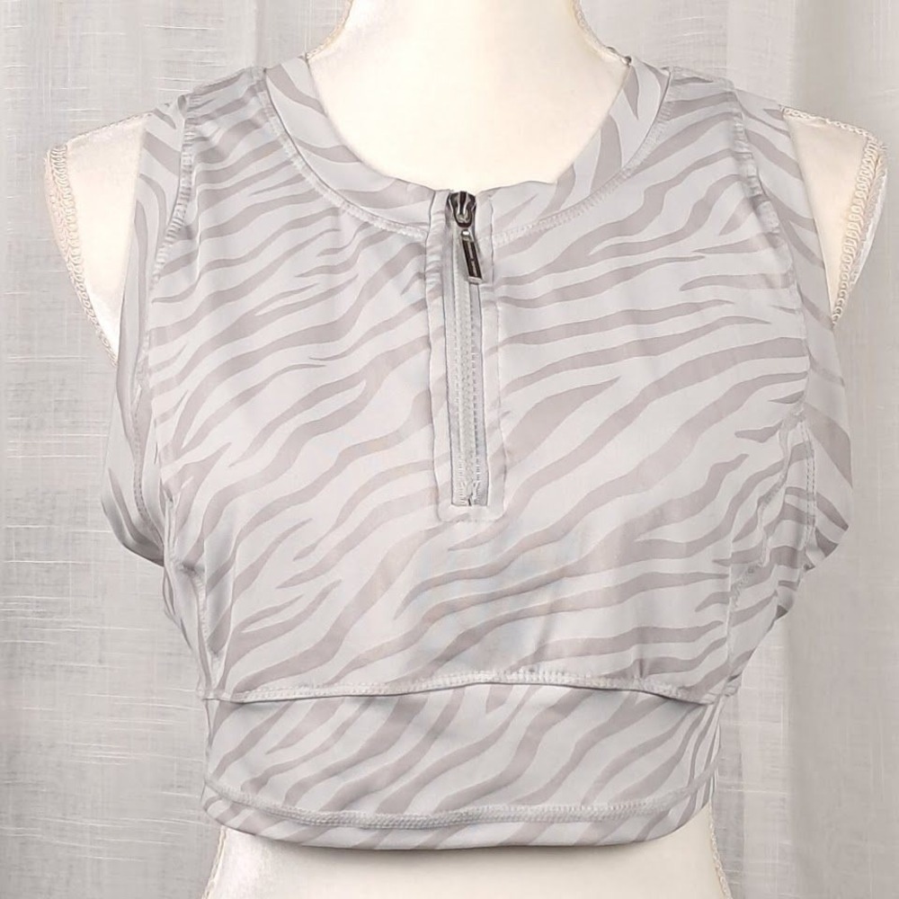 Tahari Sport M Active Racerback Sports Bra Crop Top Zebra Print Quarter Zip